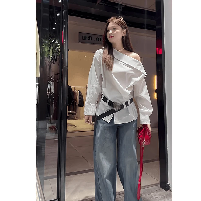 MARIE.COCO春季新款纯欲风白色不规则长袖斜肩衬衫上衣高腰阔腿裤