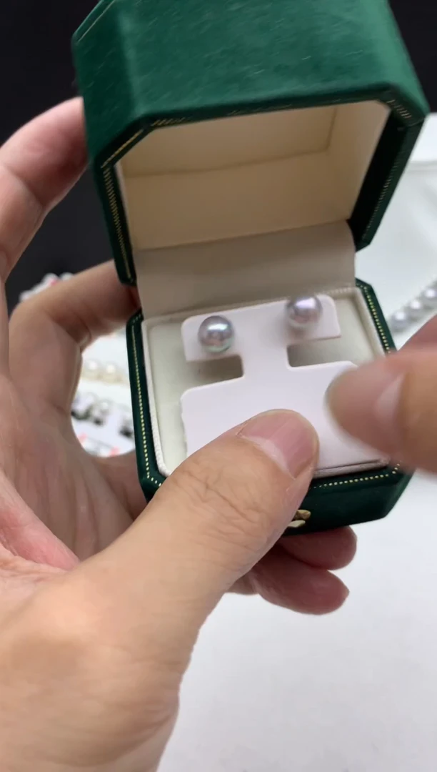 银S925镶嵌FF海水珍珠灰珠耳饰