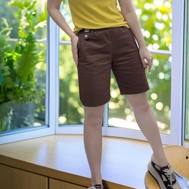 五分裤松紧腰休闲裤透气高腰简约短裤薄款成人夏季