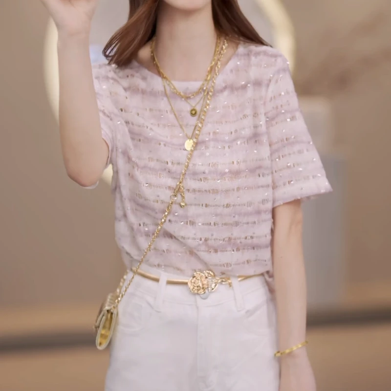 2025新品时尚简约紫色条纹T恤百搭上衣女LK2503112