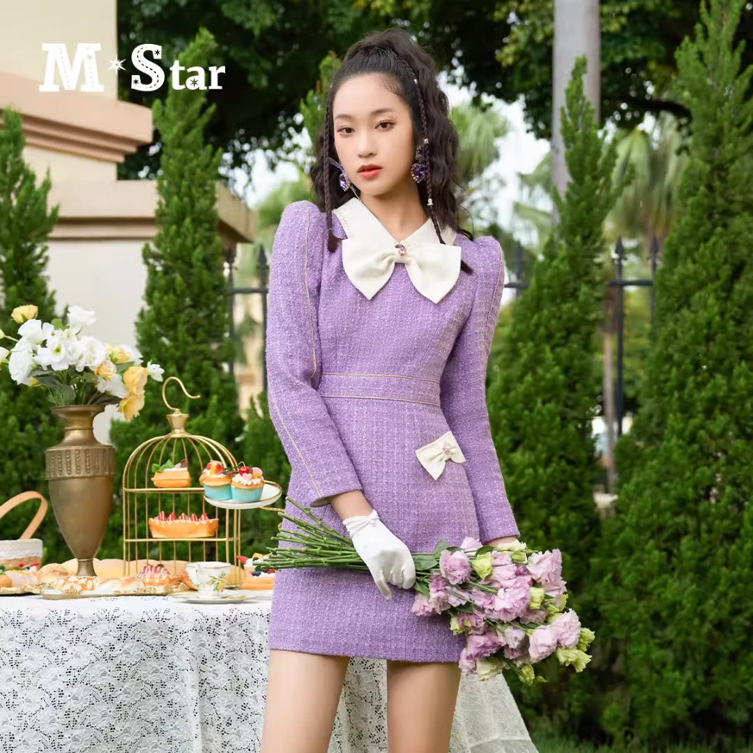 【九月专属】M-Star紫色格子小香风连衣裙女SEEL111523