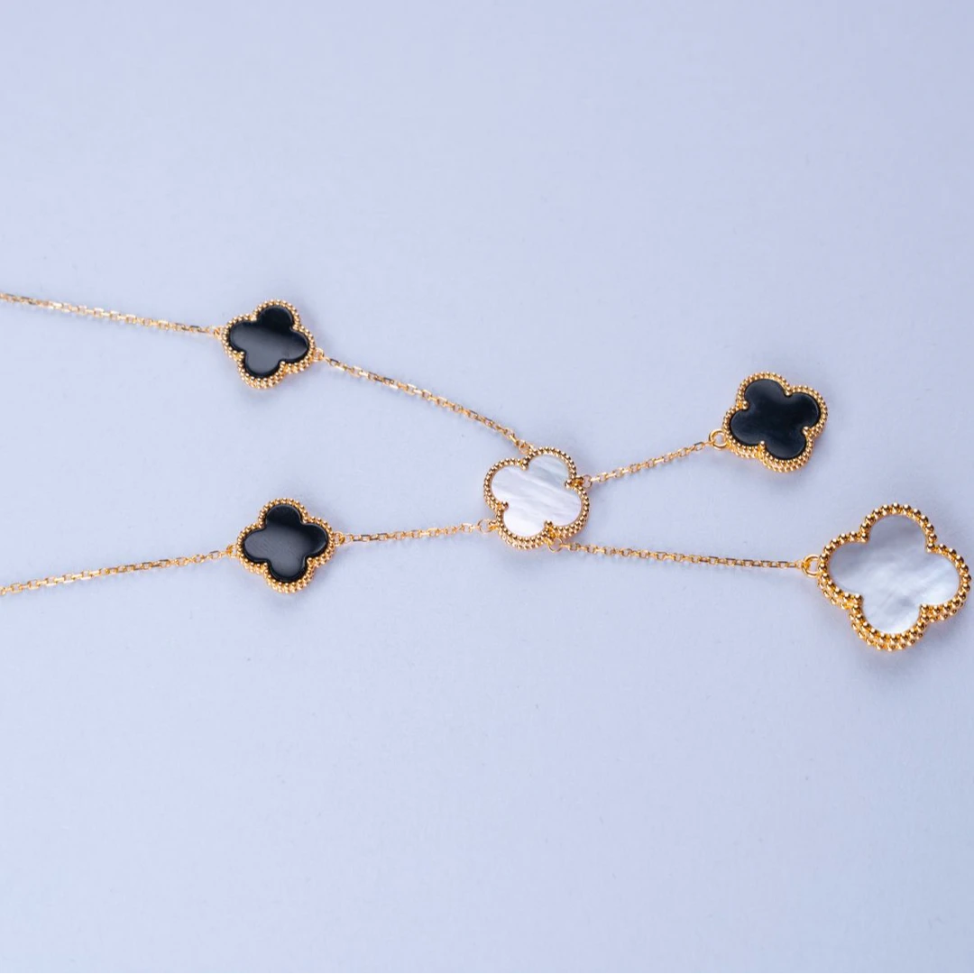 Y字链 熊猫色白贝母黑玛瑙3+2五花套链18k金镶嵌女士双色美丽气质