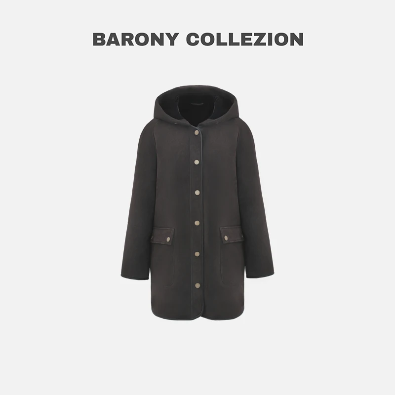 BARONY/【86232】可可棕休闲连帽百搭绒面进口皮草外套真皮毛一体