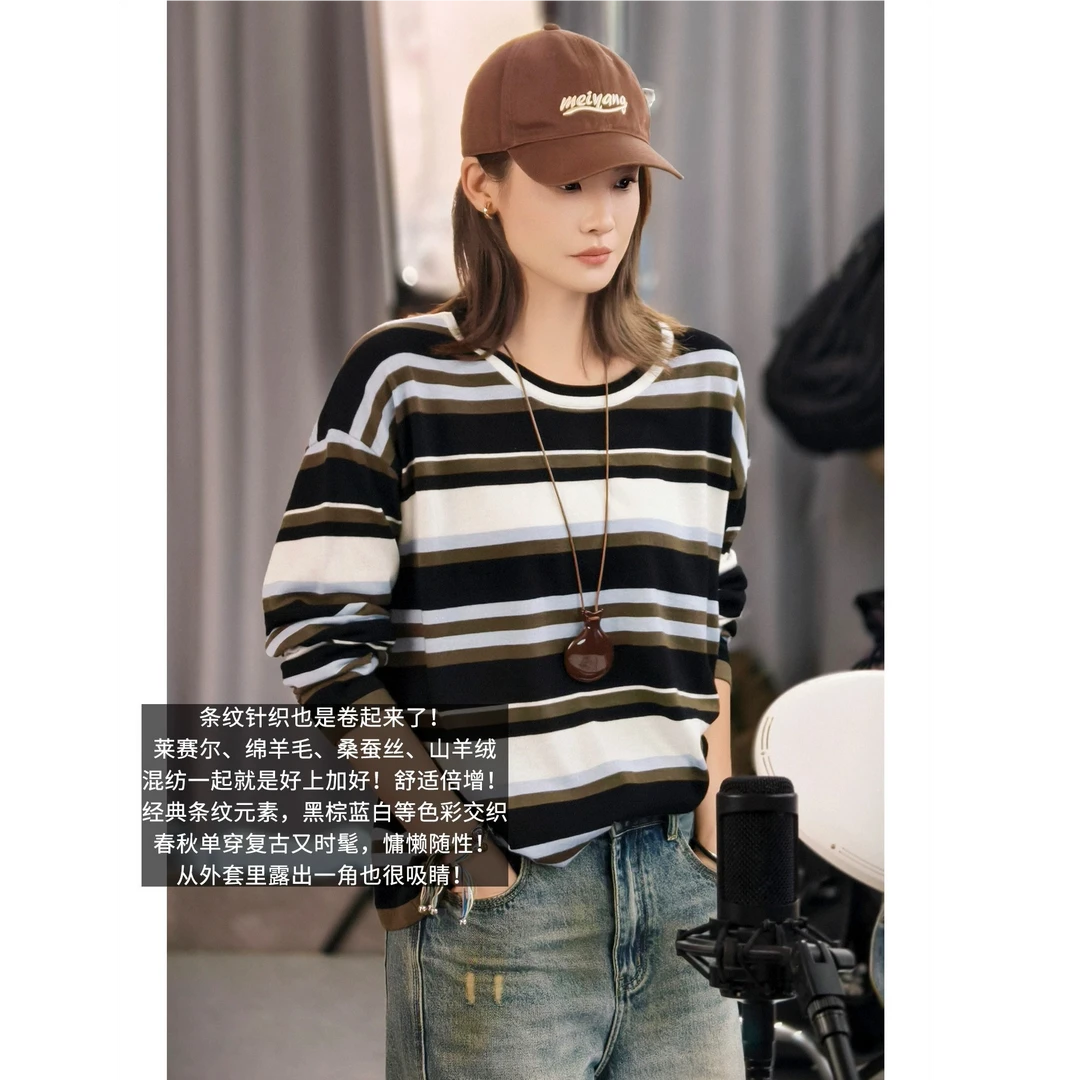 美洋MEIYANG 三色堇三号针织衫【商场同款】撞色条纹圆领长袖