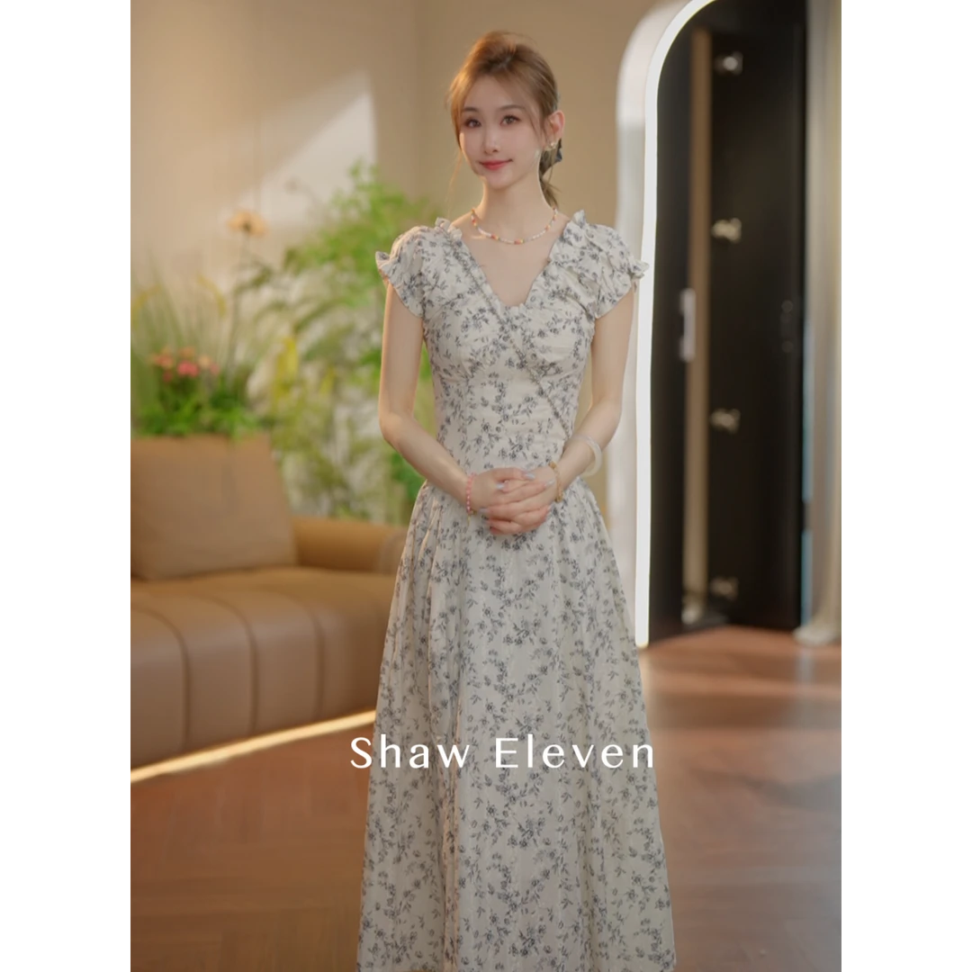 【Shaw Eleven】2025夏季棉布印花法式赫本收腰显瘦短袖连衣裙88499