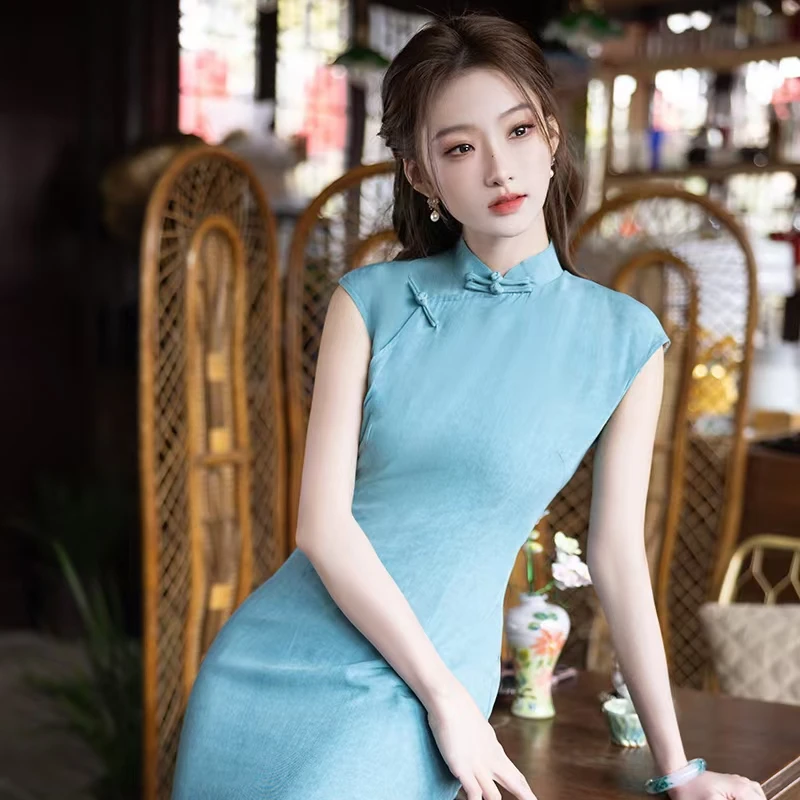 331 气质常规款短款简约风旗袍立领日常中长款提花