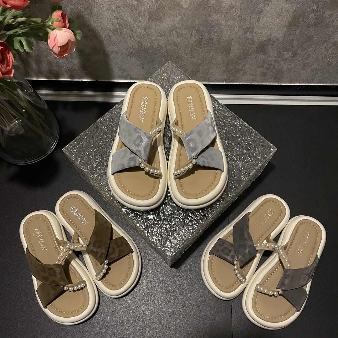 2025夏季新款时尚高级感豹纹珍珠轻奢风软底外穿厚底舒适拖鞋-5CM