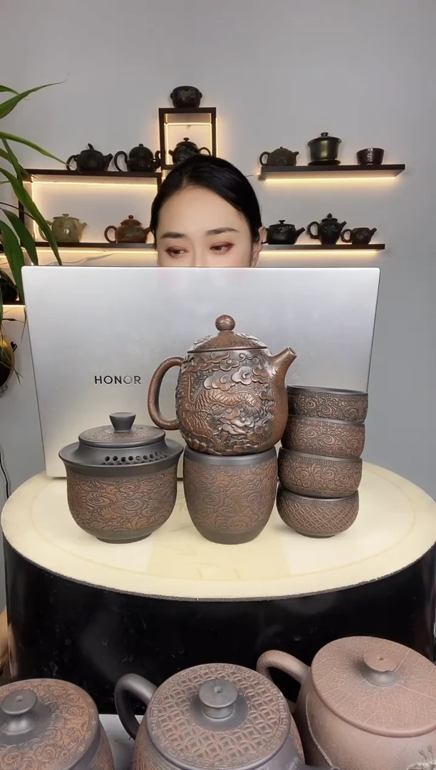 用****0龙蛋九层浮雕+唐草花主人杯,4客杯,手抓
