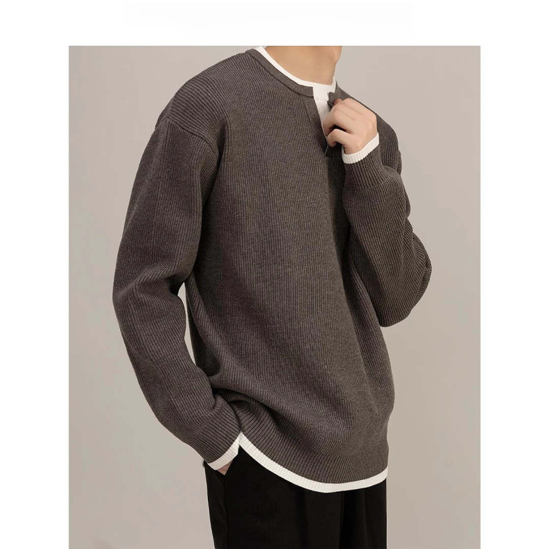 灏吉弧2025通勤针织衫高端上衣冬季潮流新款保暖V领假两件毛衣