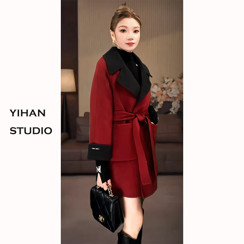 【刘艺涵甄选】双面羊毛大衣双面可穿系带浴袍款毛呢外套25828#