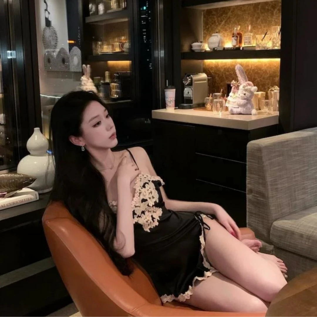 【暮色情调】性感冰丝超短睡裙蕾丝绑带睡衣女夏季居家服纯欲风睡衣