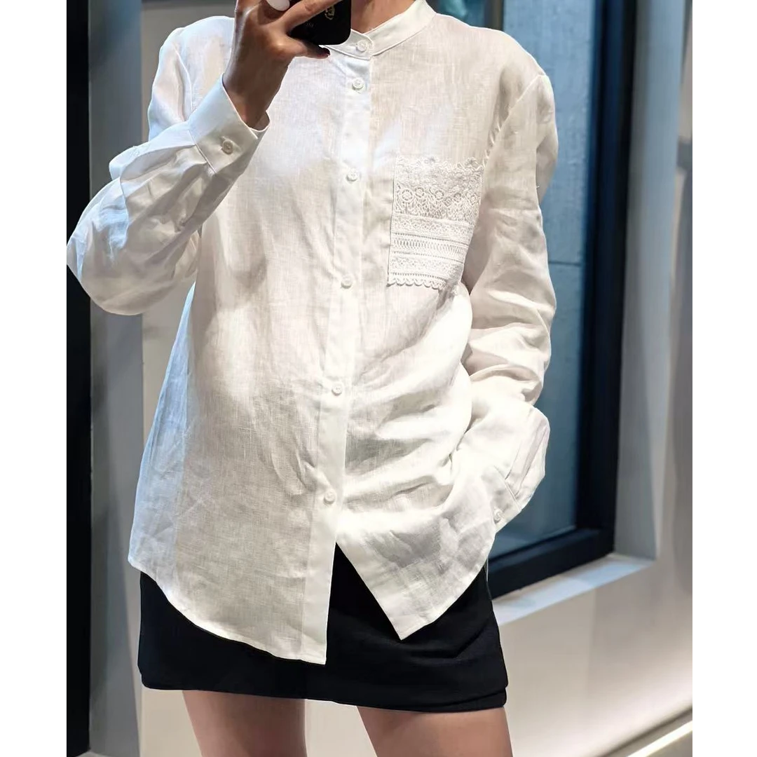 蕾丝拼接立领苎麻衬衫