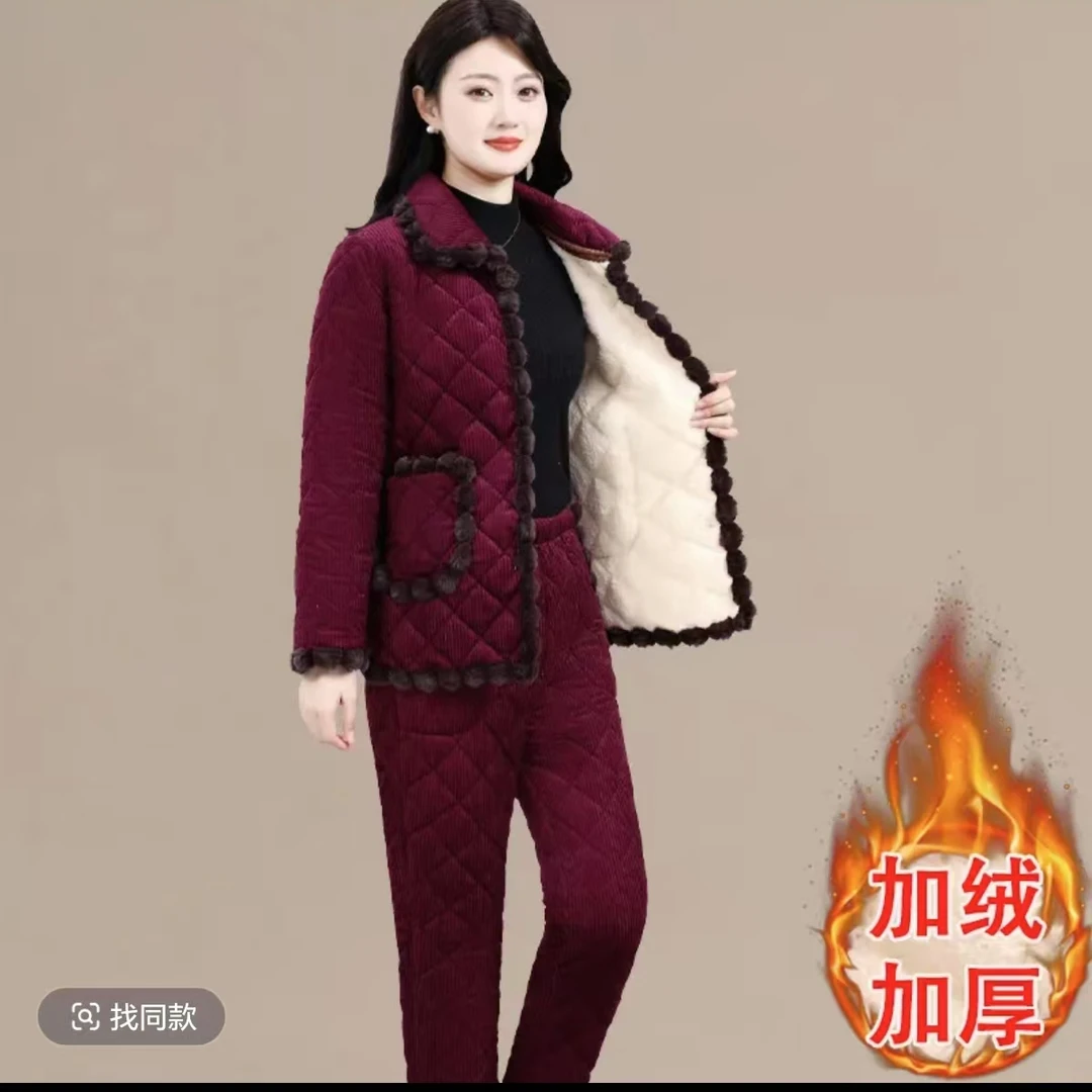 8107加绒加厚保暖棉服套装妈妈装棉衣棉裤两件套大码外穿三号仓