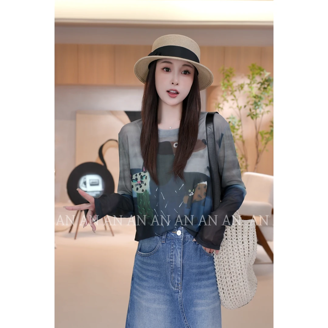 C03164新款洋气宽松减龄独特卡通小猫咪防晒衫T恤