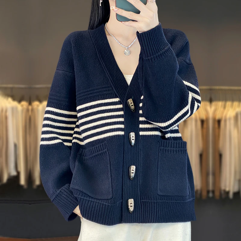 加肥加大码女春装条纹毛衣开衫宽松慵懒上衣胖mm显瘦百搭毛衣外套