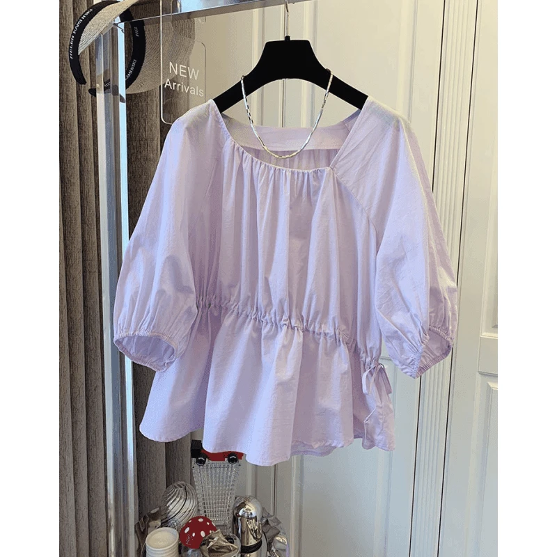 1588韩版斜领斜抽不规则荷叶边衬衫女夏设计感别致娃娃衫宽松上衣