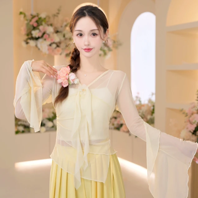 3623 D现代舞蹈服成人女上衣飘带花朵新款短袖上衣夏季跳舞专用