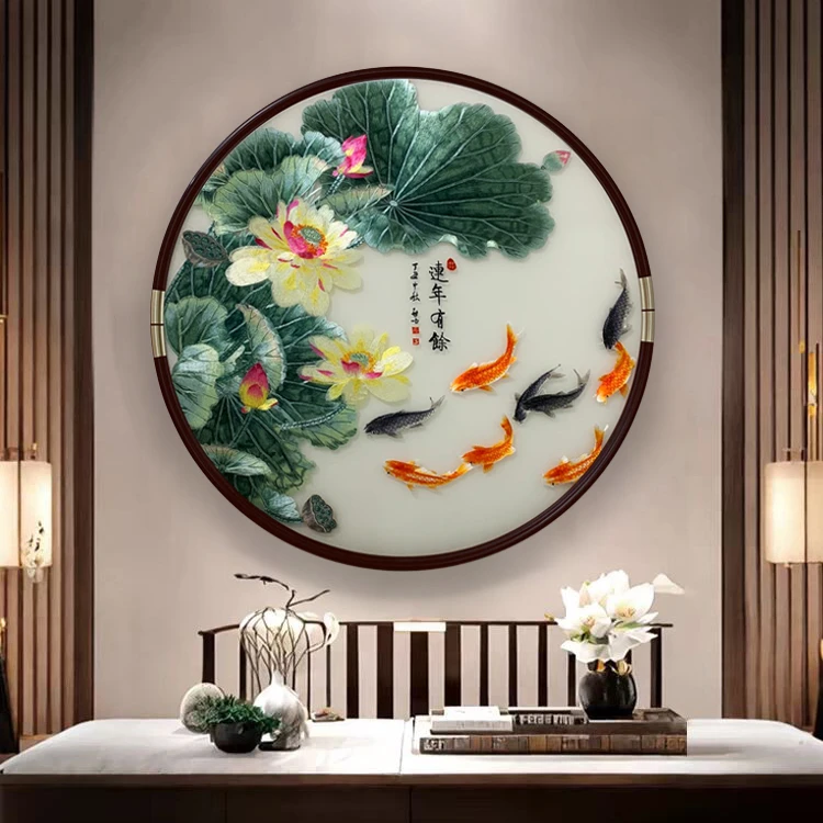 刺绣装饰画客厅玄关挂墙实木立体画餐厅书房茶室事事如意挂画圆