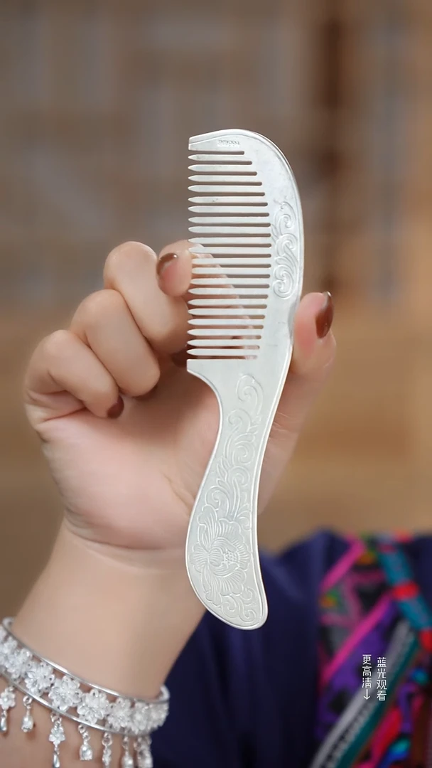 珐琅足银999牡丹花银梳子