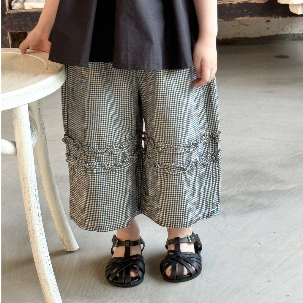 2025夏季新款韩版女童文艺百搭休闲可爱舒适木耳边格子裤九分裤