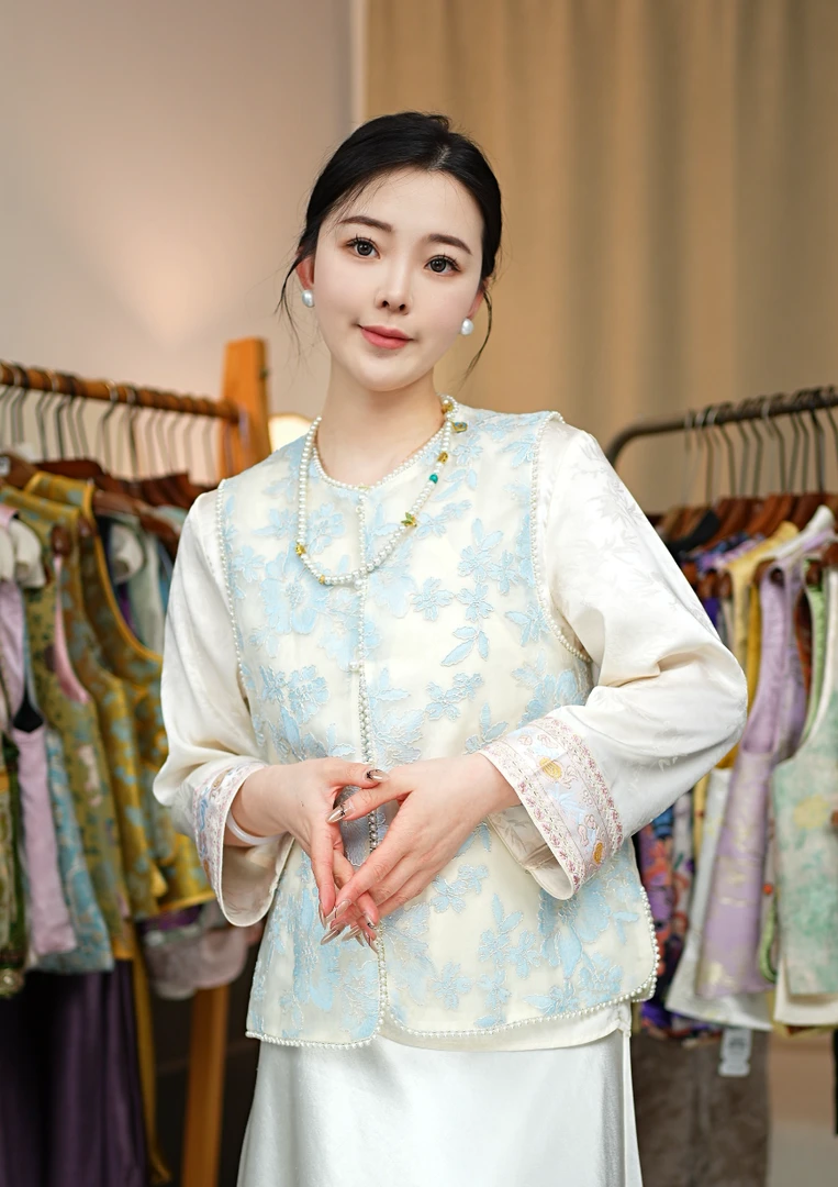 CHUNTIAN/李李国风【珍珠海棠】新中式欧根纱刺绣拼接夏季马甲