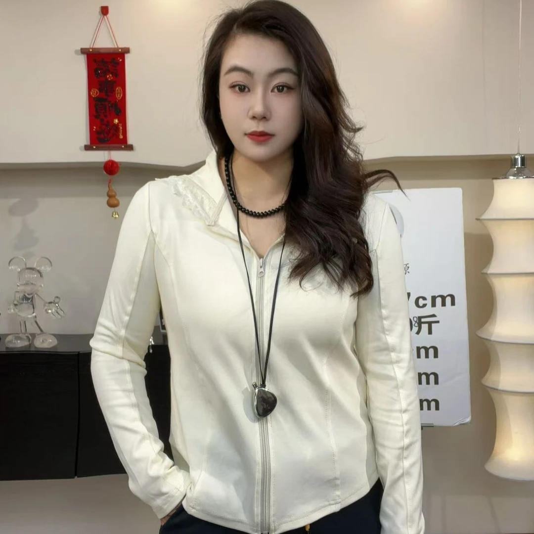 小蛮腰连帽蕾丝边微胖大码开衫显瘦弹力百搭运动时尚修身上衣