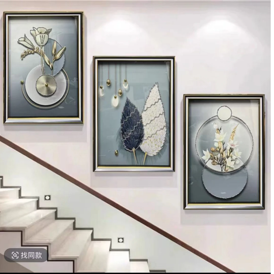 Q86羽鹿生辉时尚客厅轻奢挂画钢化玻璃装裱实物鎏金画装饰画