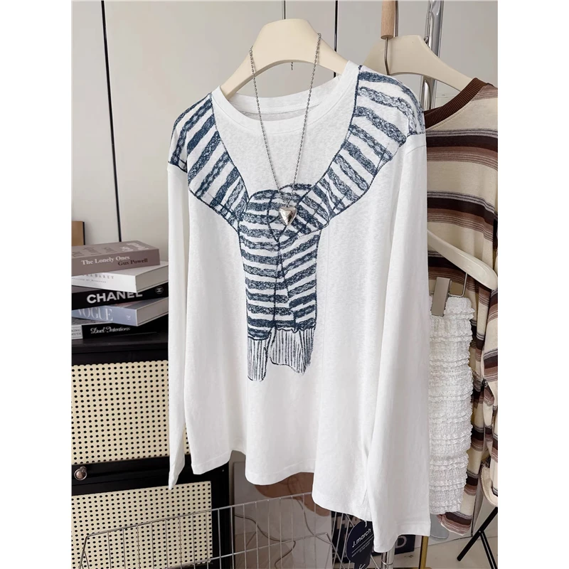 超大码2-300斤美式潮流披肩印花别致上衣早秋男女薄款慵懒长袖T恤