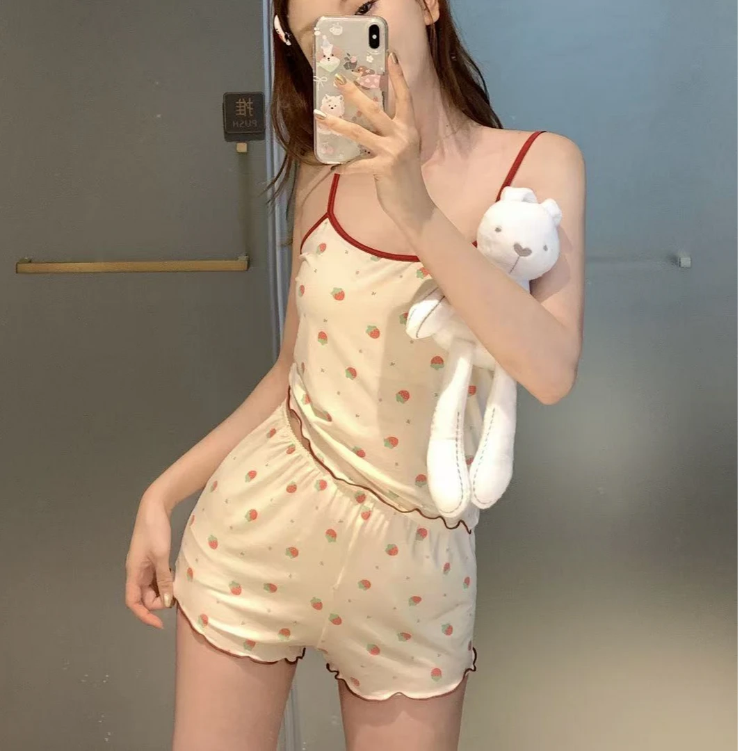 甜美草莓吊带背心短裤睡衣套装少女夏季2025新款可爱小个子家居服