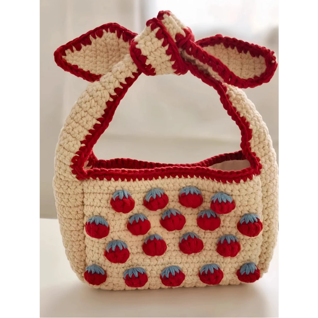 手工DIY钩织材料包日系草莓蝴蝶结手挽包手作钩织祖母格送闺蜜包