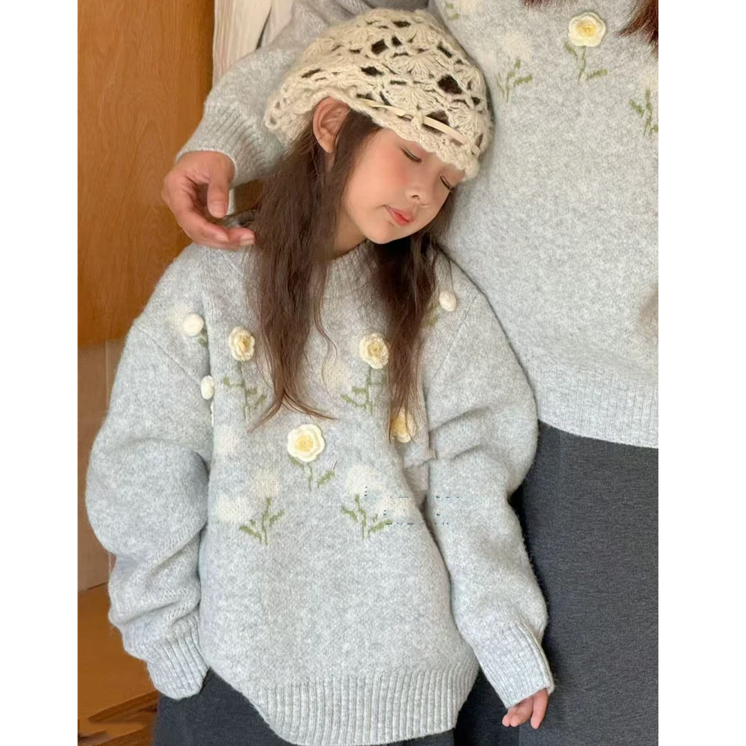 女童冬季新款针织衫森系女宝宝花朵圆领长袖保暖时尚毛衣