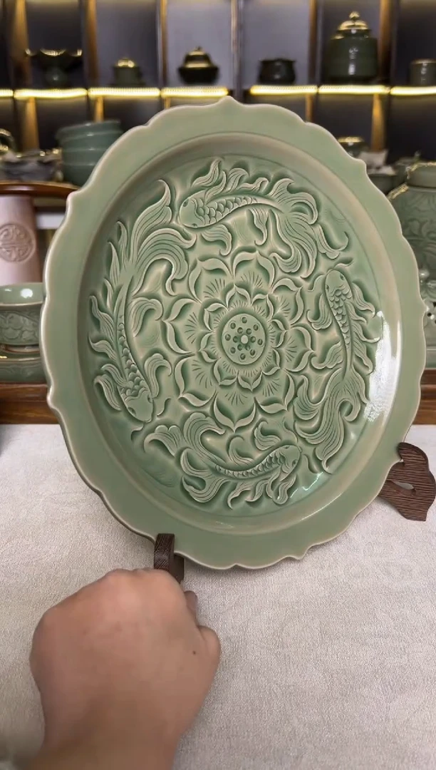 瓷片耀州窑纯手工鱼戏莲花口壶承赏盘