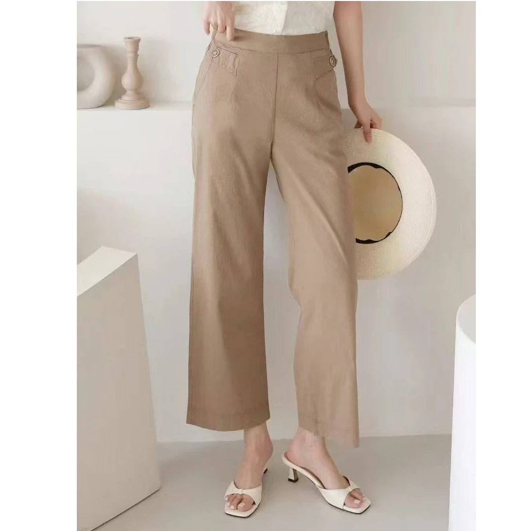 【东大门精选】夏季新款松紧高腰托腹显腿长双扣薄款棉麻阔腿裤
