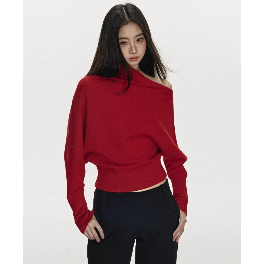 针织衫女秋冬打底衫设计感小众红色长袖t恤女