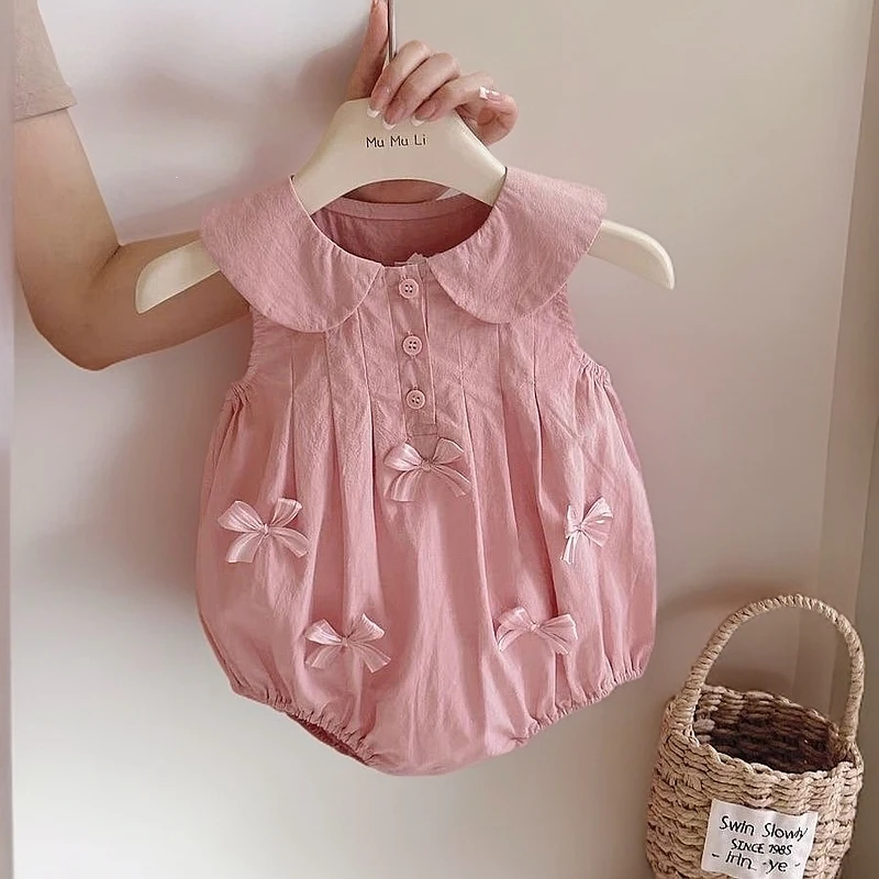 2024年新款女宝宝包屁衣公主风蝴蝶结粉色哈衣清新夏季外出衣服潮