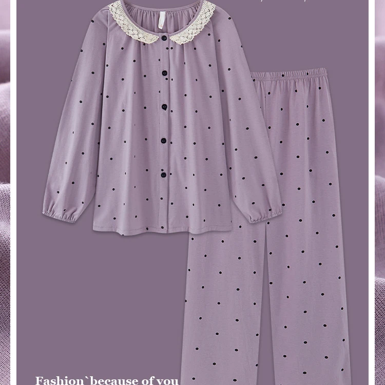 纯棉睡衣女2025春季新款开衫胖mmins风波点家居服大码纯棉家居服