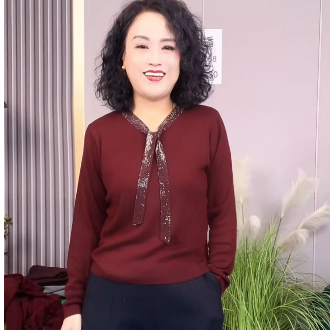 美红家   欧货烫钻飘带设计感V领长袖针织衫