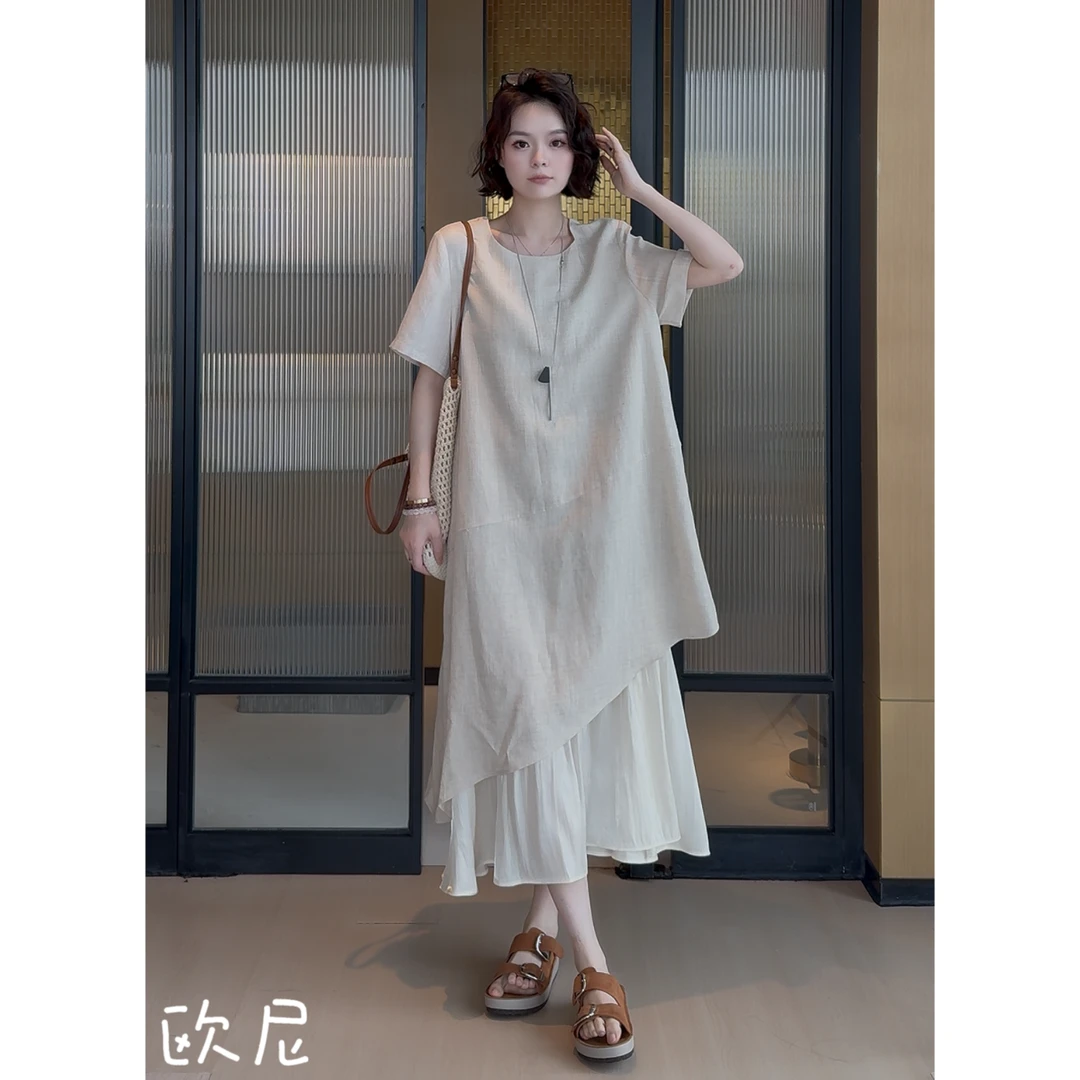欧尼私服 2025夏简约风不规则下摆拼接假两件连衣裙2505C2434