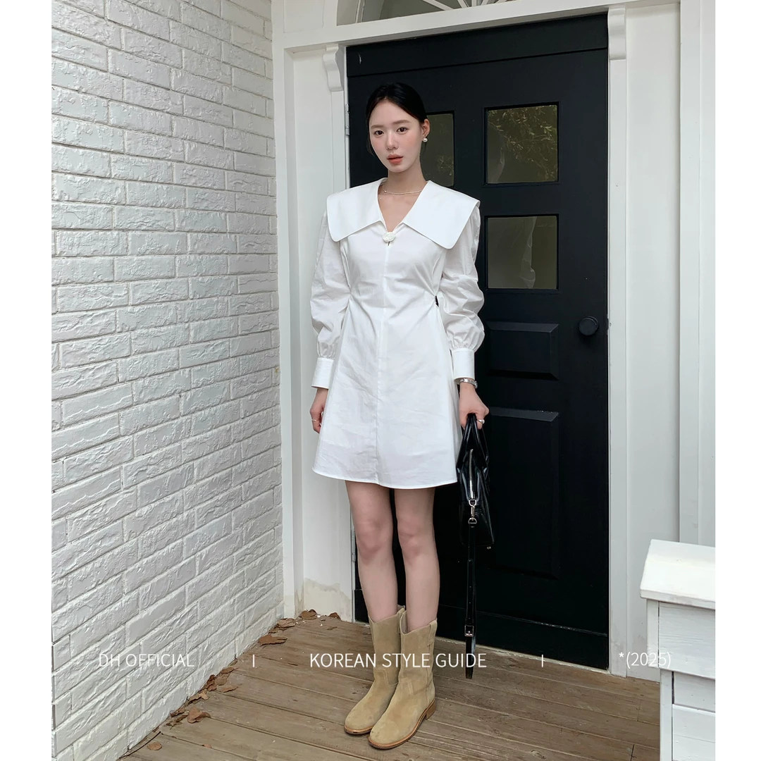 DH OFFICIAL 大花【韩系初恋 white】琥珀流光风翻领长袖衬衫连衣裙