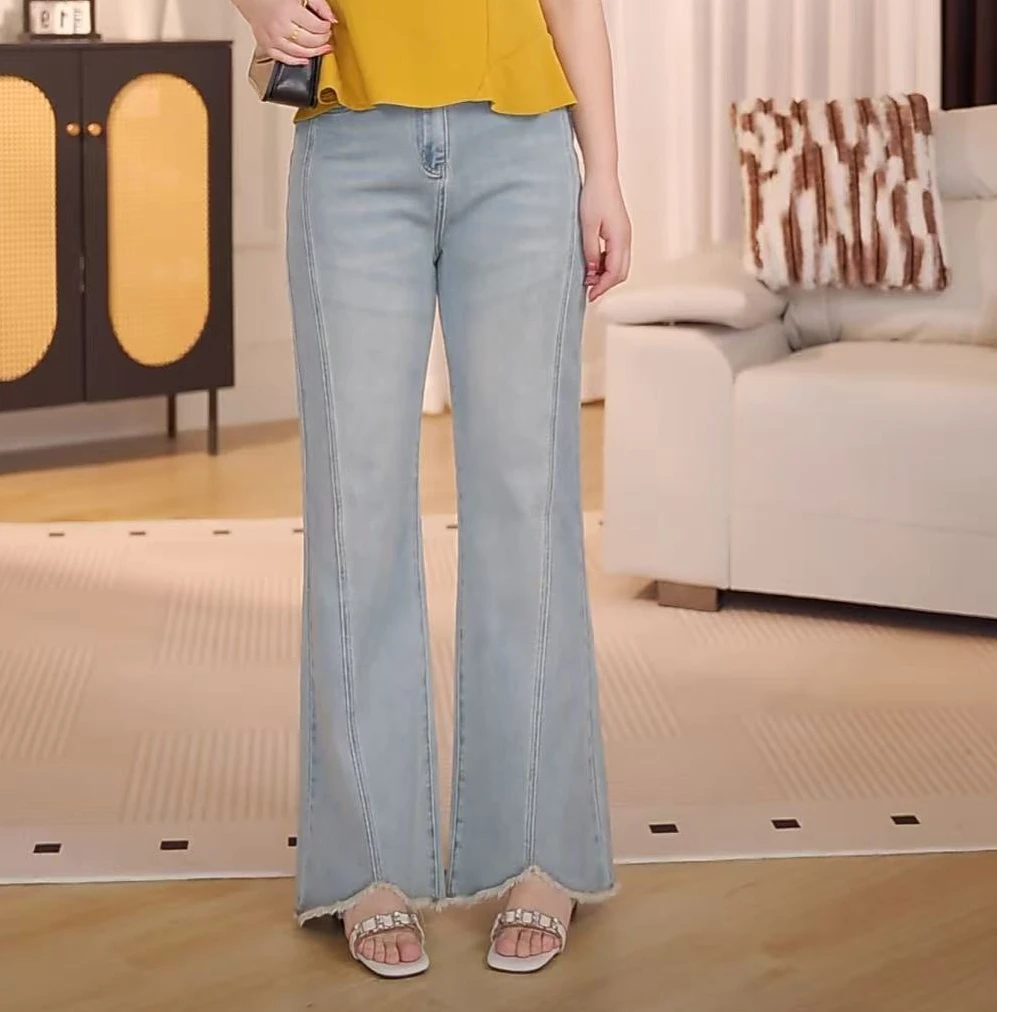 芳芳微胖定制夏季显瘦微喇裤时尚牛仔裤直筒裤子修身百搭F3036