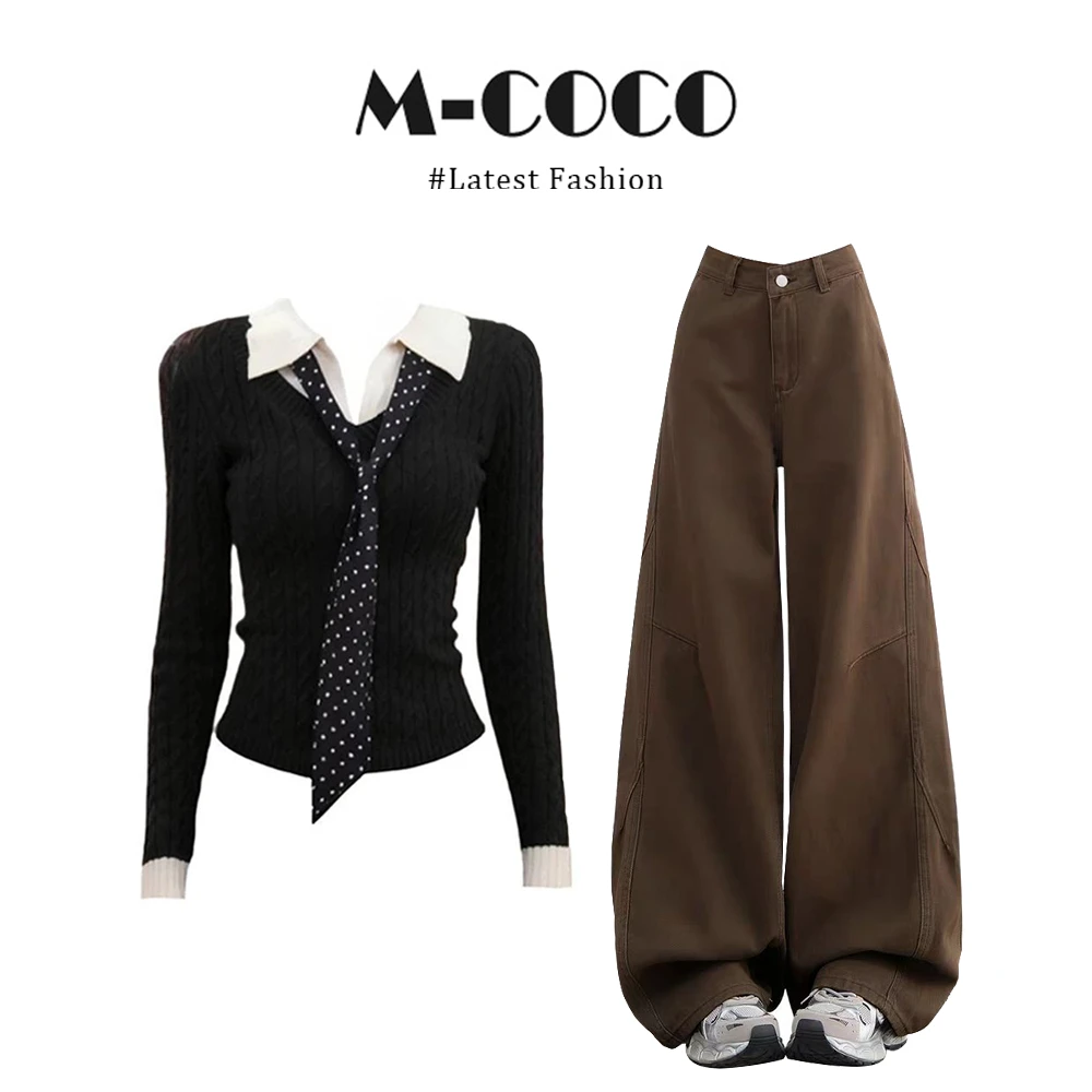 法式慵懒风撞色波点领带麻花针织毛衣牛仔裤冬季套装女