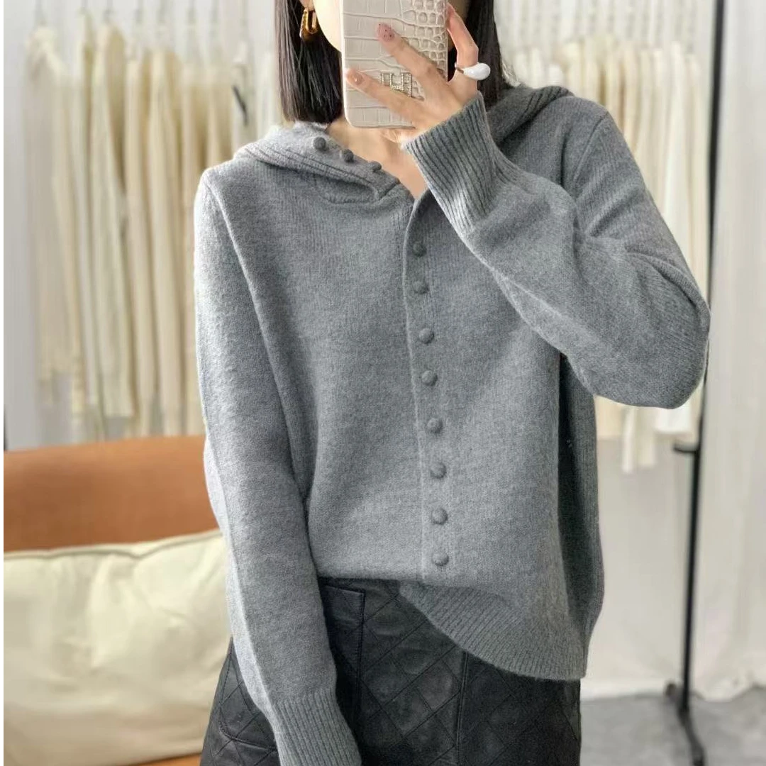 【玉姐家】冬季新款简约显瘦慵懒风连帽套头毛衣90-140 新选f747