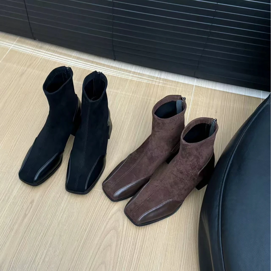 复古时尚气质拼接方头短靴粗跟中跟秋冬百搭马丁靴H19