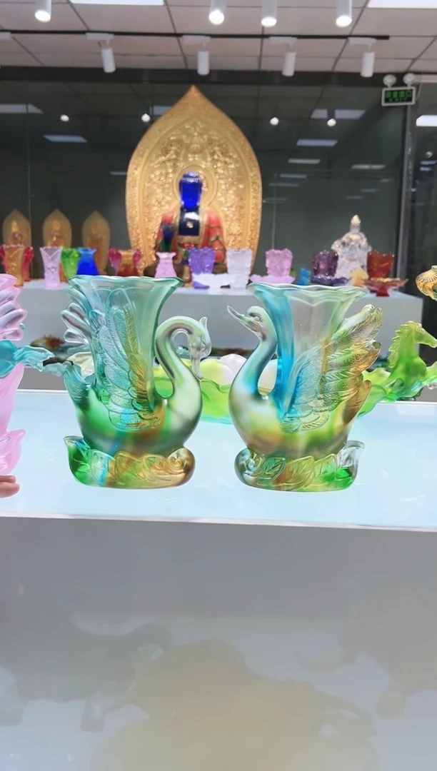 手工艺品琉璃古法琉璃一对天鹅花瓶