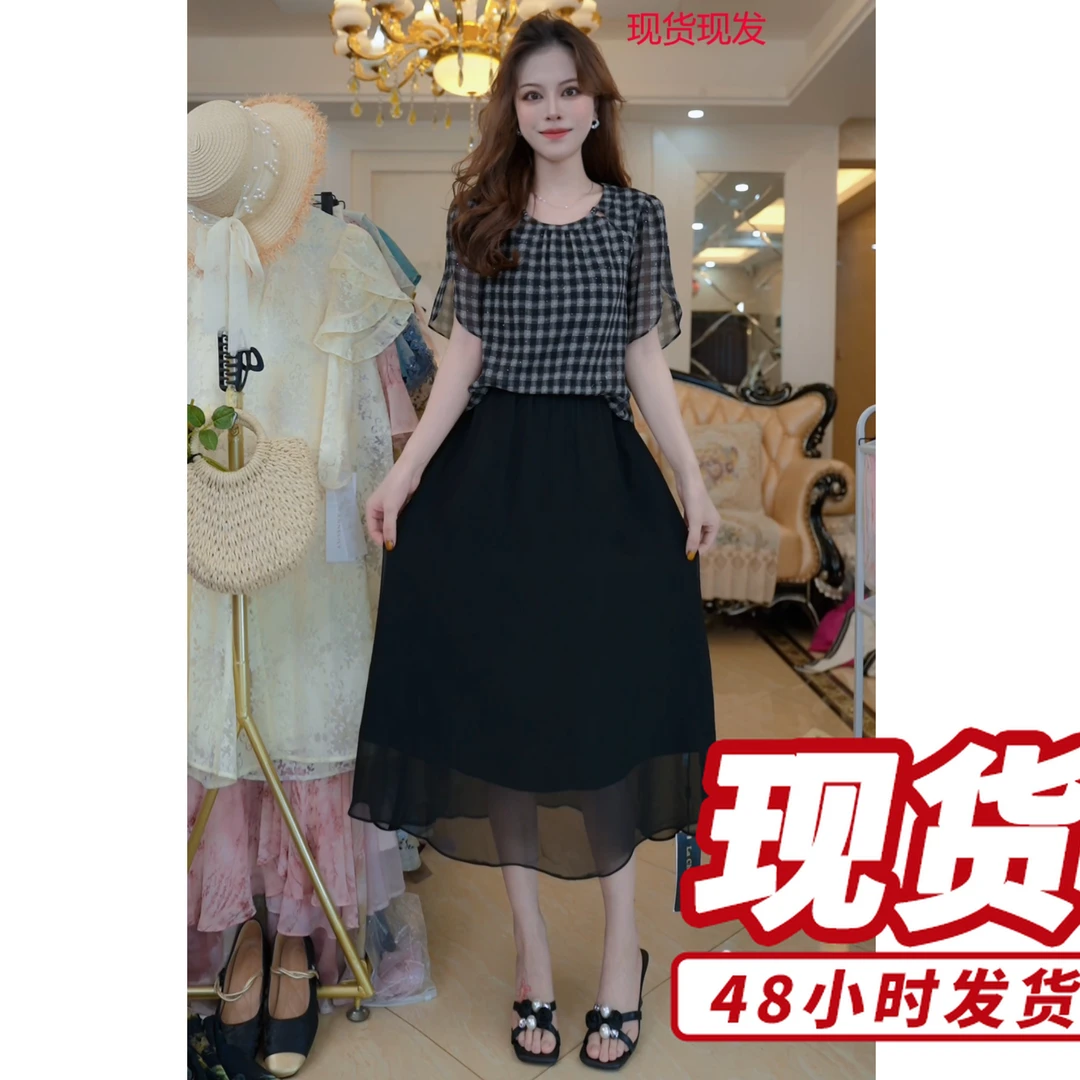 短袖V领显瘦夏季A字裙高腰连衣裙拼接A47035