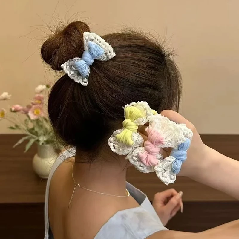 2025新款超仙蕾丝蝴蝶结高弹力发圈柔软肤感加粗无接缝耐用头绳