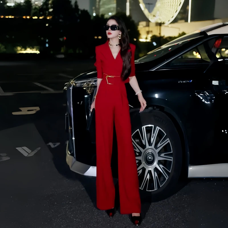 显瘦短款西装套装时尚套装休闲气质女神女装红色修身阔腿裤轻奢