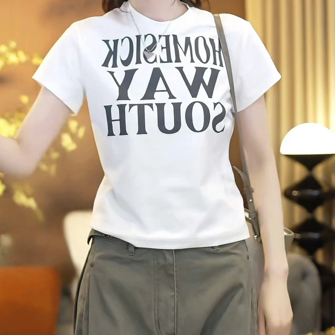 设计感简约印花字母圆领休闲百搭T恤女2025新款夏季韩版时尚上衣