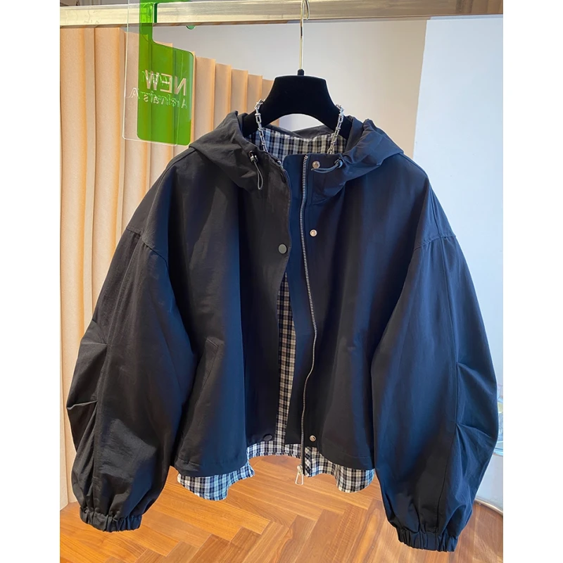 高级感黑色连帽工装外套女春秋2025新款宽松休闲百搭短款夹克上衣