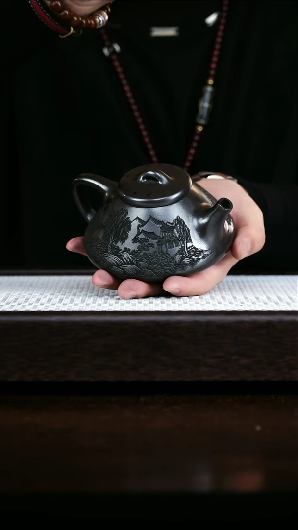 茶壶紫砂石黄石瓢  刻江南